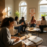 Aspiring doulas attending a certification training workshop in a bright Chicago apartment