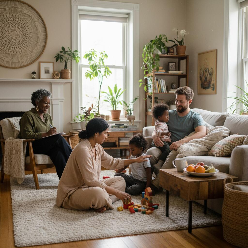 Aspiring doulas attending a certification training workshop in a bright Chicago apartment