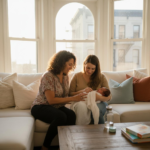 Chicago doula providing postpartum support to new mother with newborn in bright apartment setting