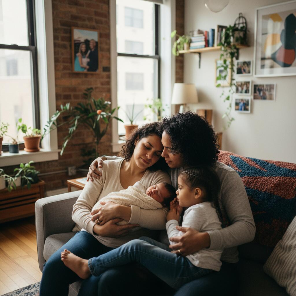 Chicago doula providing postpartum support to new mother with newborn in bright apartment setting