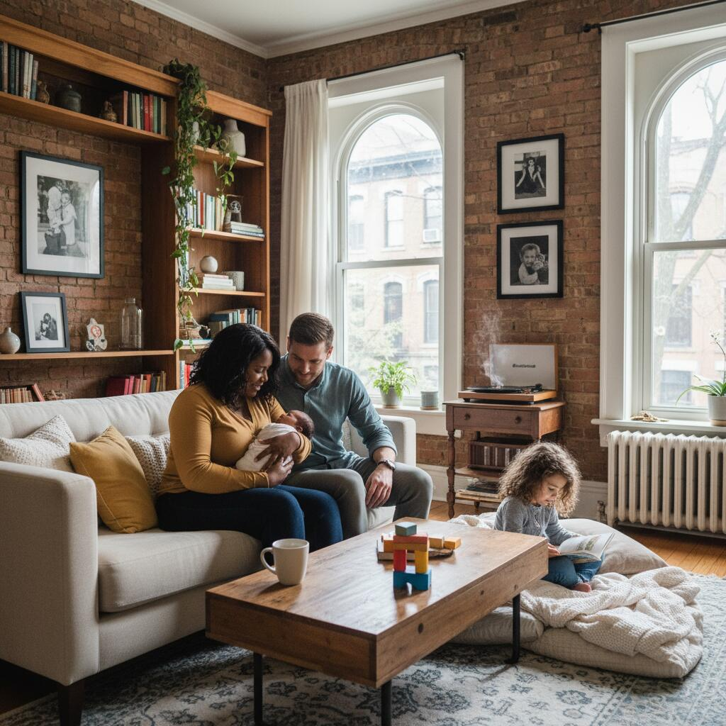 Chicago doula providing postpartum support to new mother with newborn in bright apartment setting