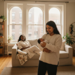 Postpartum doula holding newborn in Chicago home while mother rests peacefully on couch
