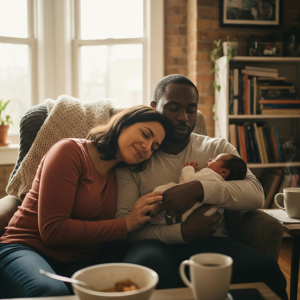 Postpartum doula holding newborn in Chicago home while mother rests peacefully on couch