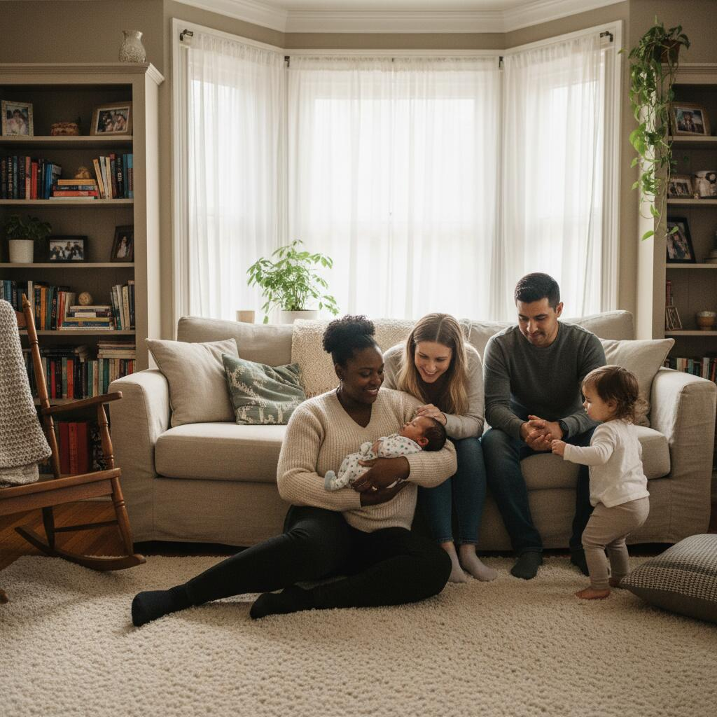 Postpartum doula holding newborn in Chicago home while mother rests peacefully on couch