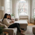 Postpartum doula sitting with new mother and newborn in a Chicago apartment, discussing support options in natural daylight