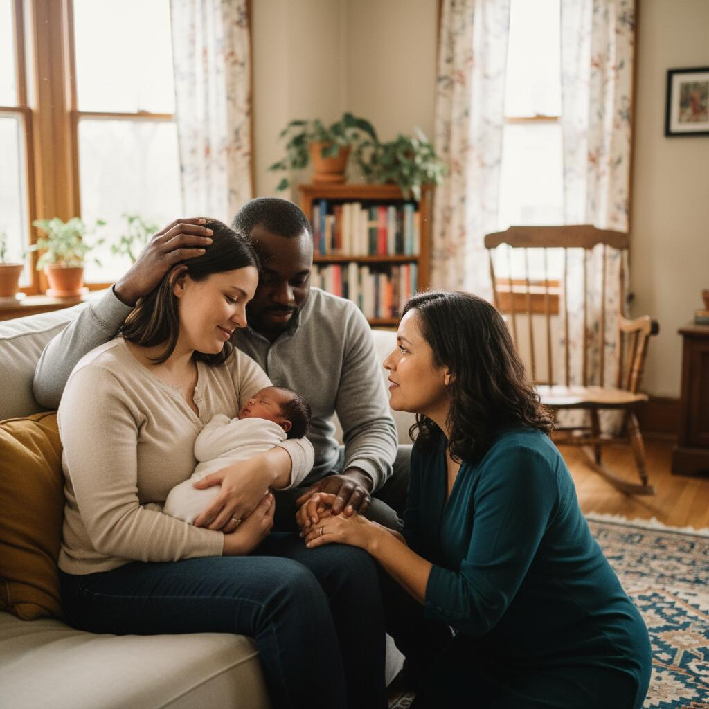 Postpartum doula sitting with new mother and newborn in a Chicago apartment, discussing support options in natural daylight