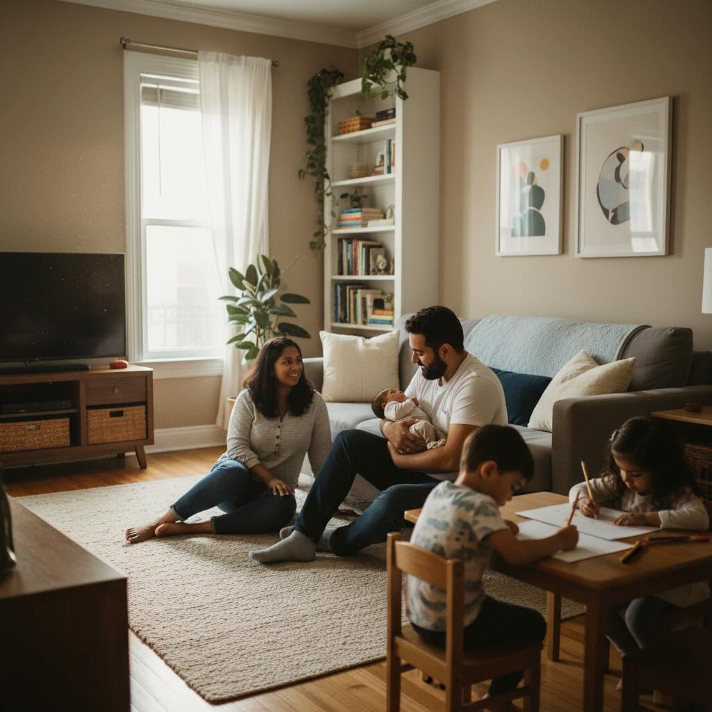 Postpartum doula sitting with new mother and newborn in a Chicago apartment, discussing support options in natural daylight