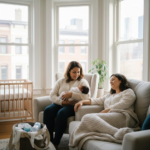 Overnight doula holding newborn baby while new mother rests peacefully on sofa in Chicago apartment