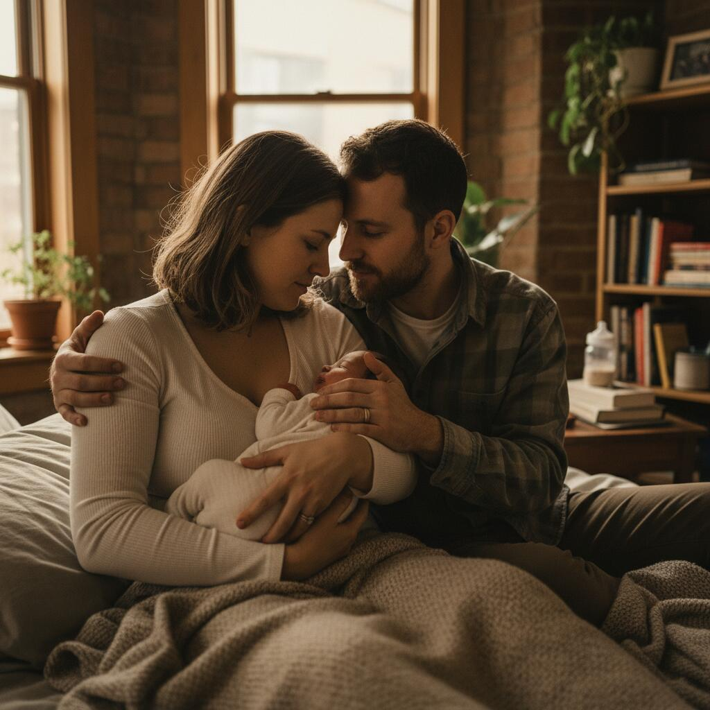 Overnight doula holding newborn baby while new mother rests peacefully on sofa in Chicago apartment