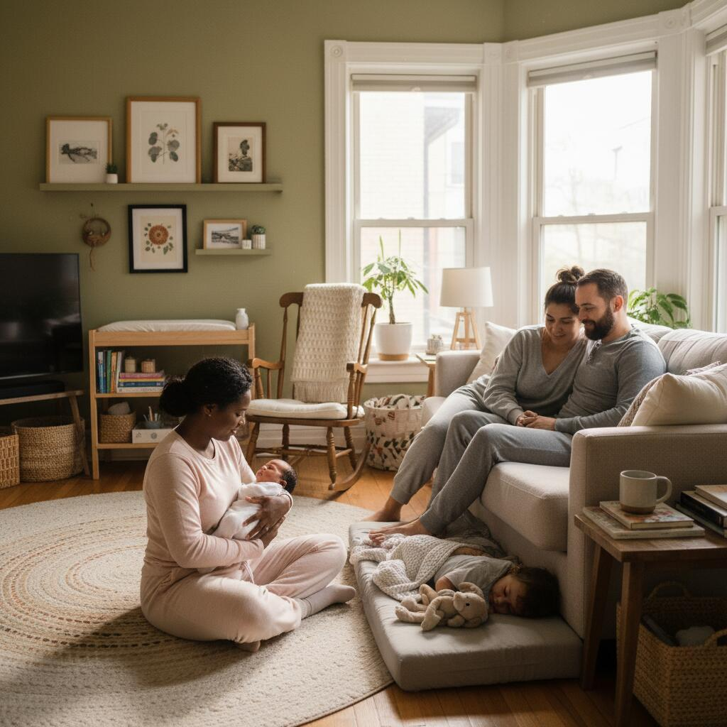 Overnight doula holding newborn baby while new mother rests peacefully on sofa in Chicago apartment