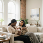 Postpartum doula holding newborn while supporting rested mother on couch in bright Chicago apartment