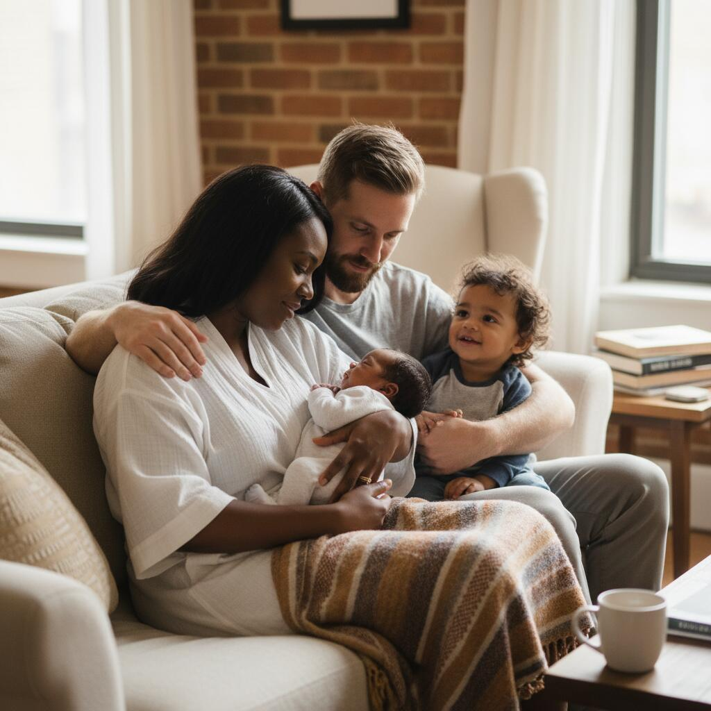 Postpartum doula holding newborn while supporting rested mother on couch in bright Chicago apartment
