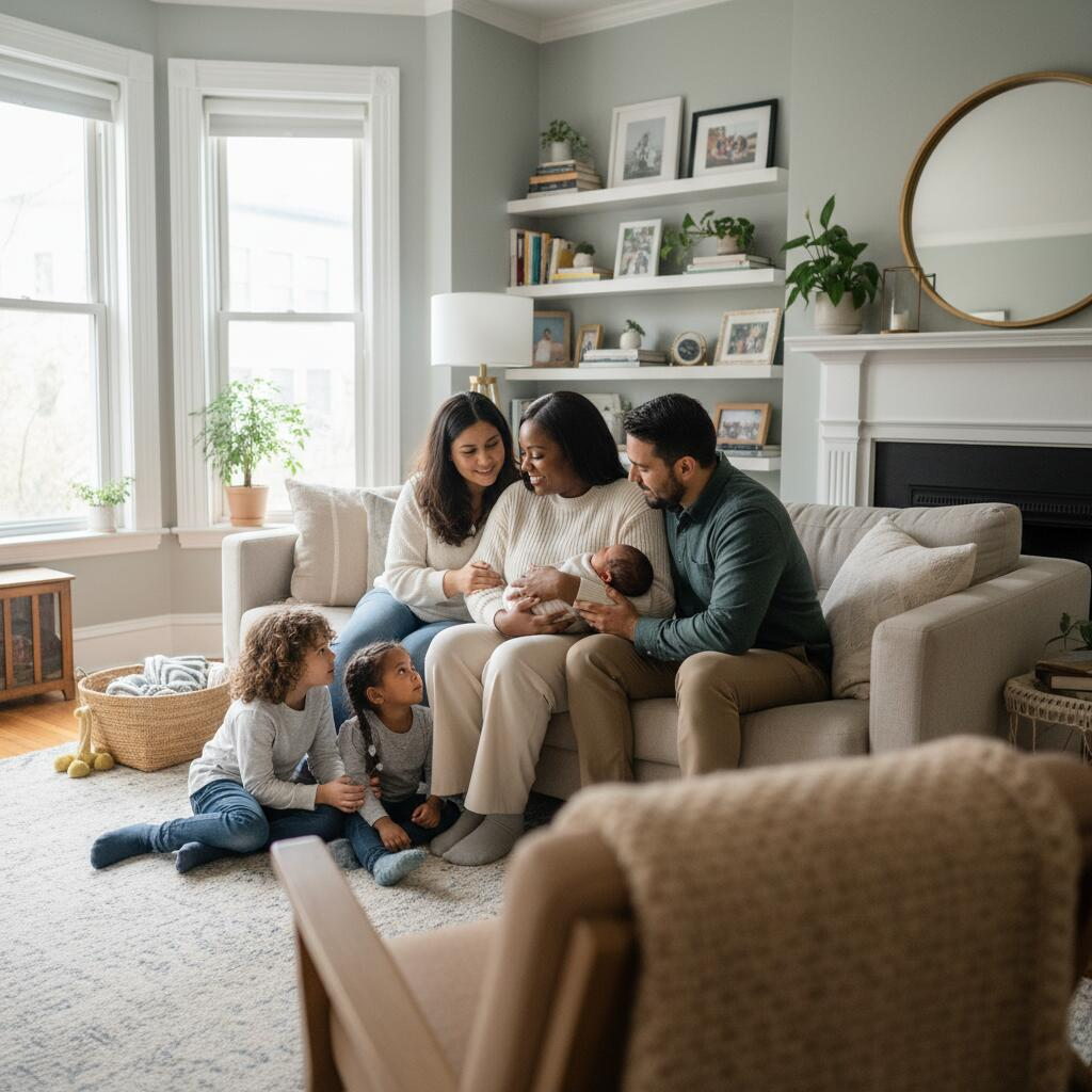 Postpartum doula holding newborn while supporting rested mother on couch in bright Chicago apartment