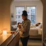 Overnight doula providing gentle newborn care in Chicago family's nursery while mother rests
