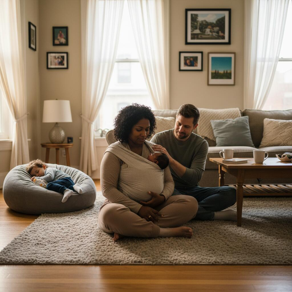 Overnight doula providing gentle newborn care in Chicago family's nursery while mother rests