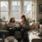 Chicago postpartum doula supporting a new mother at home while holding her newborn baby