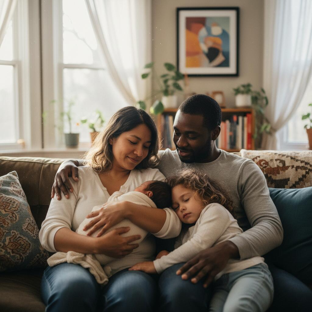 Chicago postpartum doula supporting a new mother at home while holding her newborn baby