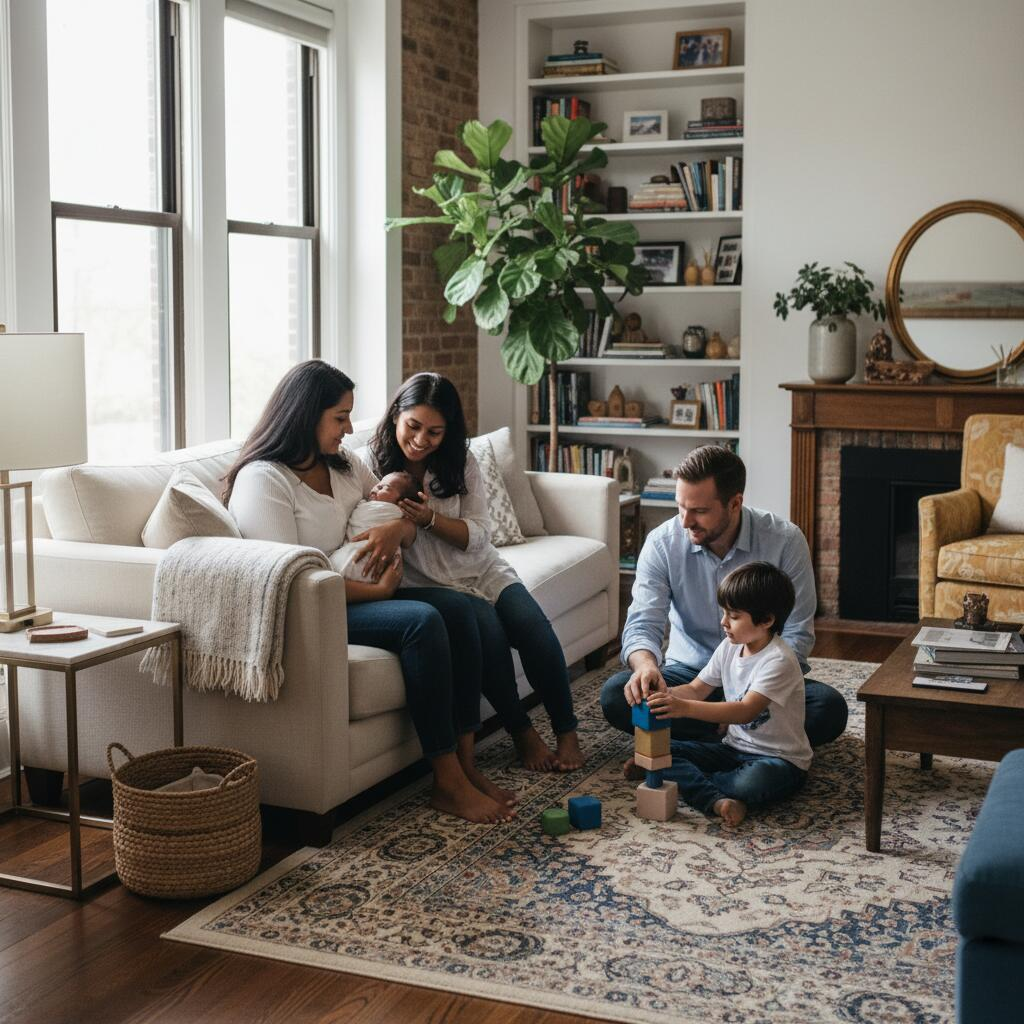 Chicago postpartum doula supporting a new mother at home while holding her newborn baby