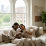 Postpartum doula supporting a new mother with her newborn in a Chicago apartment with natural light