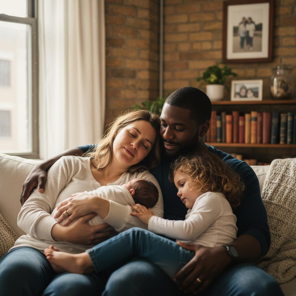 Postpartum doula supporting a new mother with her newborn in a Chicago apartment with natural light