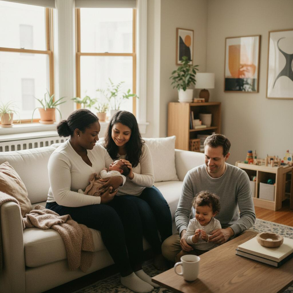 Postpartum doula supporting a new mother with her newborn in a Chicago apartment with natural light