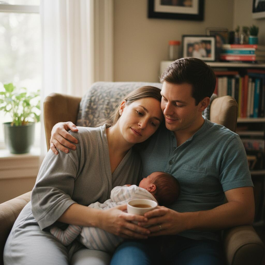 Birth doula providing hands-on labor support to a person in active labor in a Chicago hospital room with partner nearby