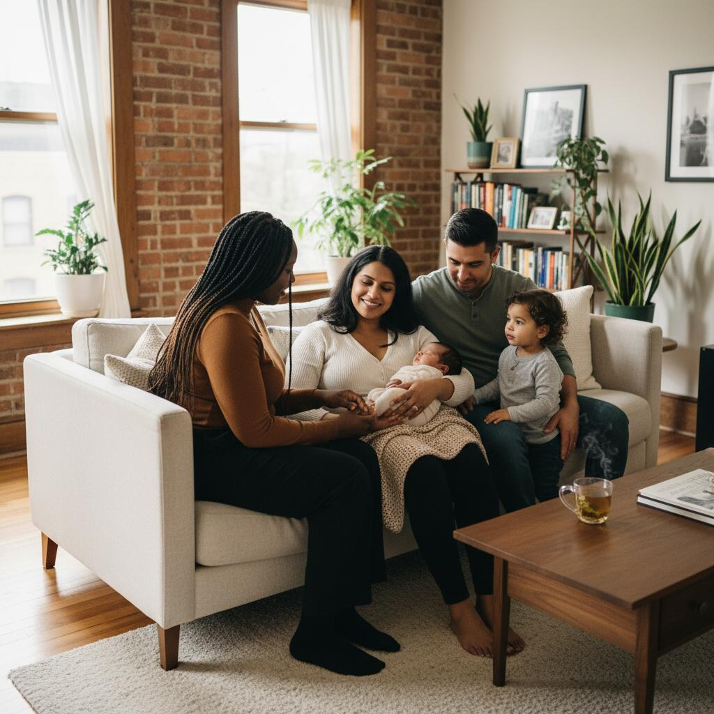 Birth doula providing hands-on labor support to a person in active labor in a Chicago hospital room with partner nearby