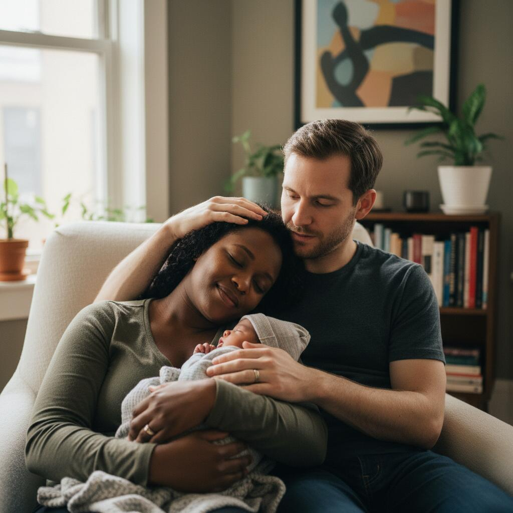 Postpartum doula holding newborn in Chicago apartment while mother rests on couch