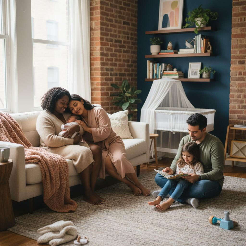 Postpartum doula holding newborn in Chicago apartment while mother rests on couch