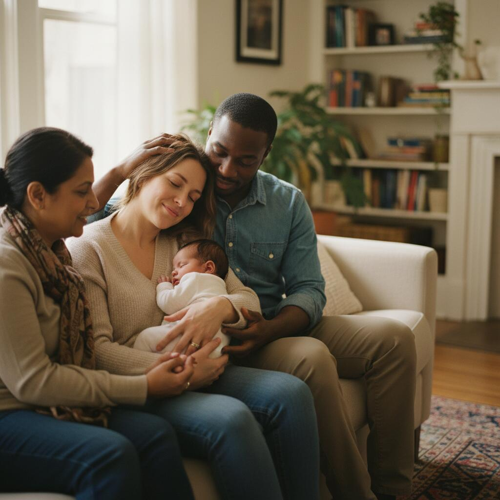 Postpartum doula holding newborn while mother rests on couch in Chicago apartment