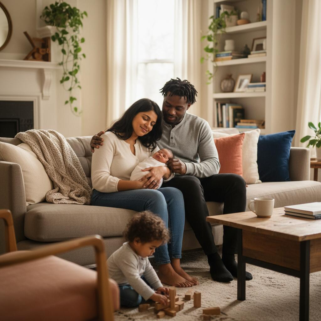 Postpartum doula holding newborn while mother rests on couch in Chicago apartment