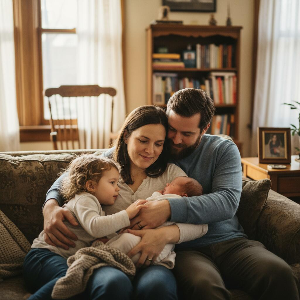 Chicago postpartum doula helping new mother review insurance benefits and care options in bright apartment living room