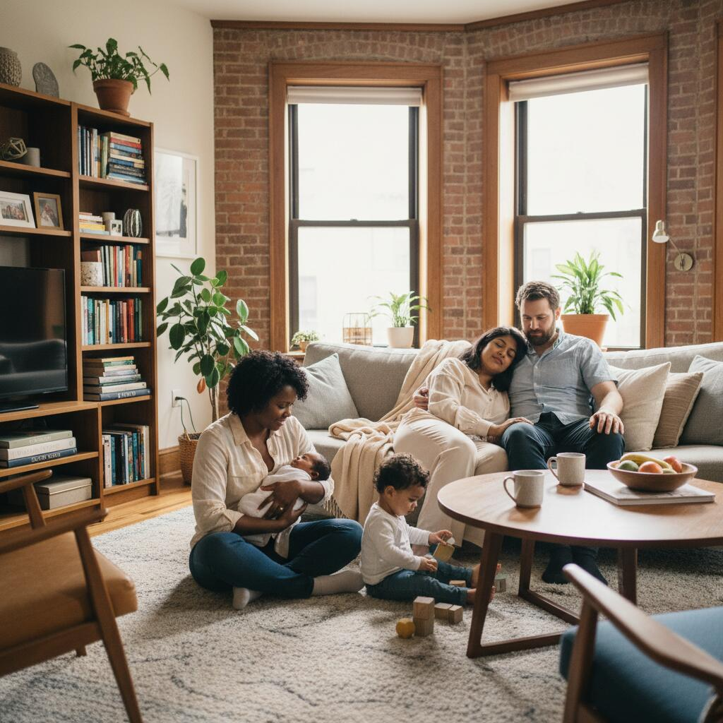 Chicago postpartum doula helping new mother review insurance benefits and care options in bright apartment living room