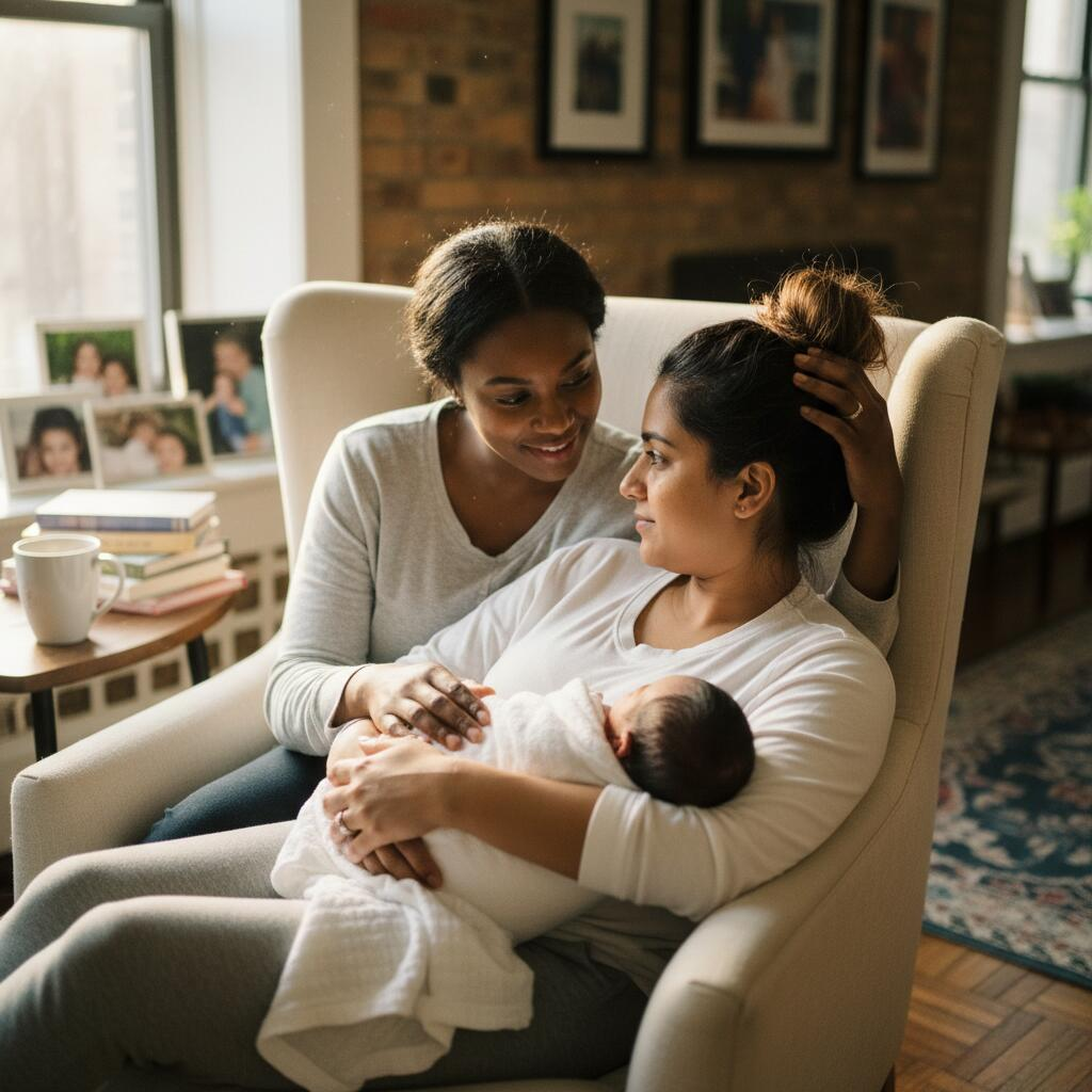Chicago postpartum doula supporting new parents with their newborn at home