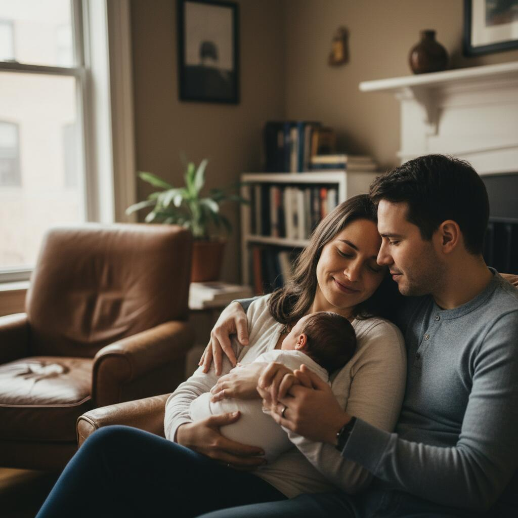 Chicago couple reviewing doula benefits and budgeting paperwork at home together
