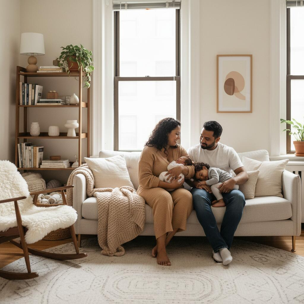 Chicago couple reviewing doula benefits and budgeting paperwork at home together
