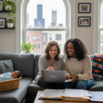 Chicago mother and doula reviewing insurance benefits and reimbursement paperwork together in a bright apartment living room