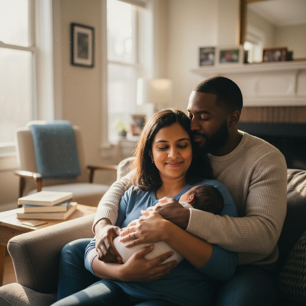 Chicago mother and doula reviewing insurance benefits and reimbursement paperwork together in a bright apartment living room