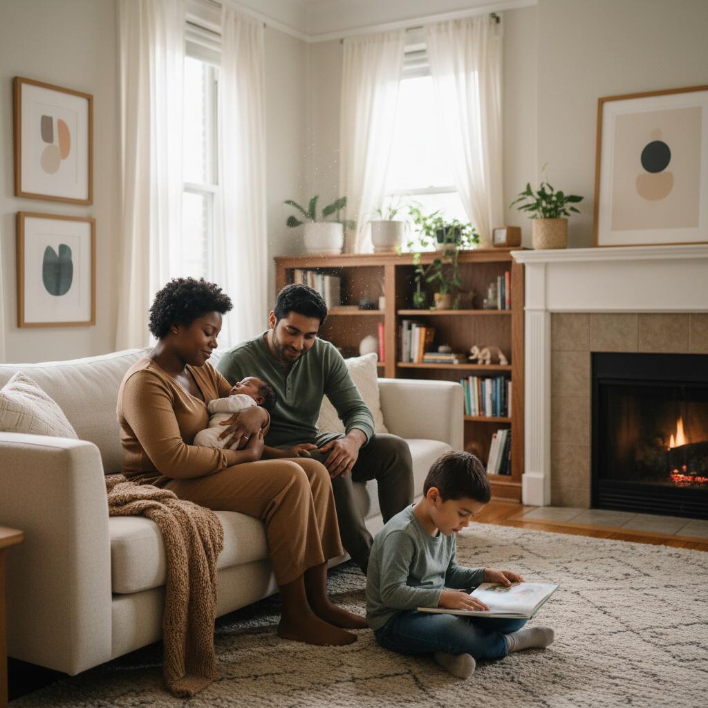 Chicago mother and doula reviewing insurance benefits and reimbursement paperwork together in a bright apartment living room