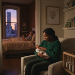 Overnight postpartum doula holding newborn baby in Chicago apartment nursery while parents sleep
