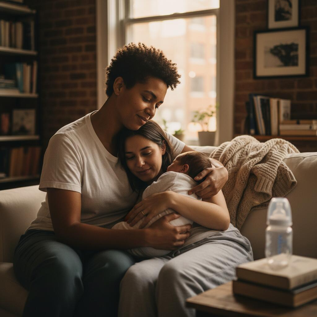 Overnight postpartum doula holding newborn baby in Chicago apartment nursery while parents sleep