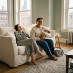 Postpartum doula holding newborn baby in Chicago apartment while new mother rests on couch
