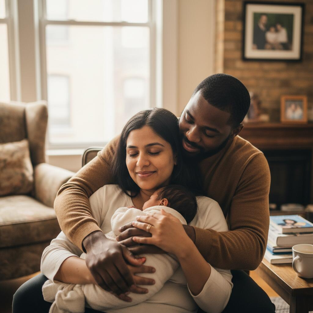Postpartum doula holding newborn baby in Chicago apartment while new mother rests on couch