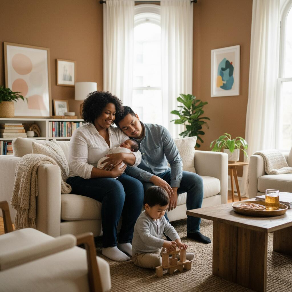 Postpartum doula holding newborn baby in Chicago apartment while new mother rests on couch