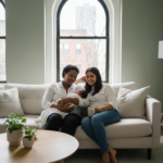 Chicago postpartum doula holding newborn baby while supporting rested mother at home