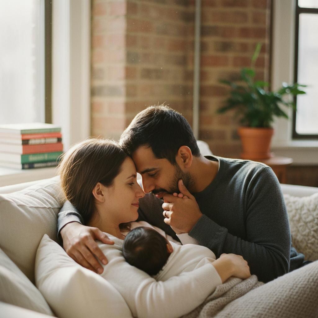 Chicago postpartum doula holding newborn baby while supporting rested mother at home