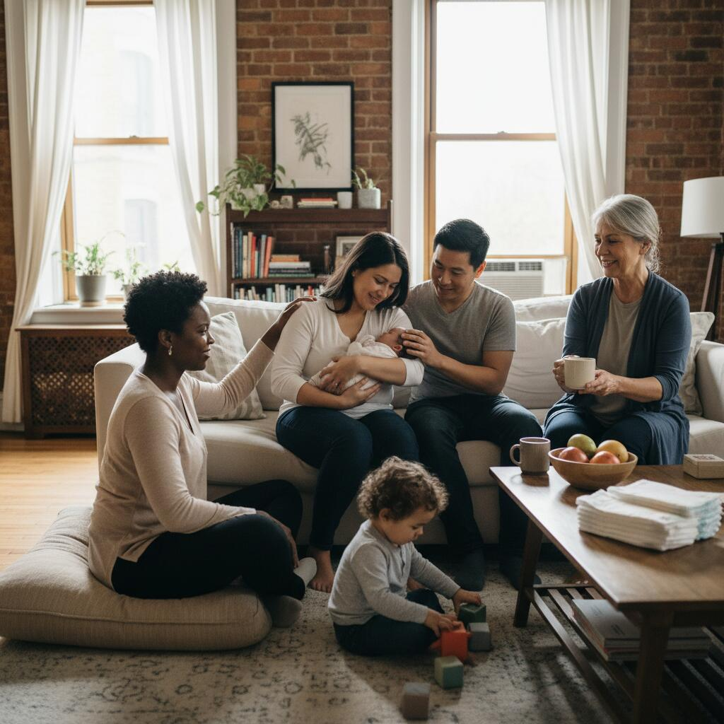 Chicago postpartum doula holding newborn baby while supporting rested mother at home