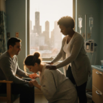 Birth doula providing hands-on labor support to pregnant woman in Chicago hospital room