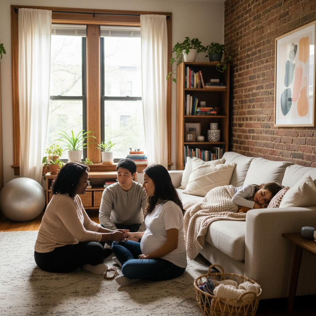 Birth doula providing hands-on labor support to pregnant woman in Chicago hospital room
