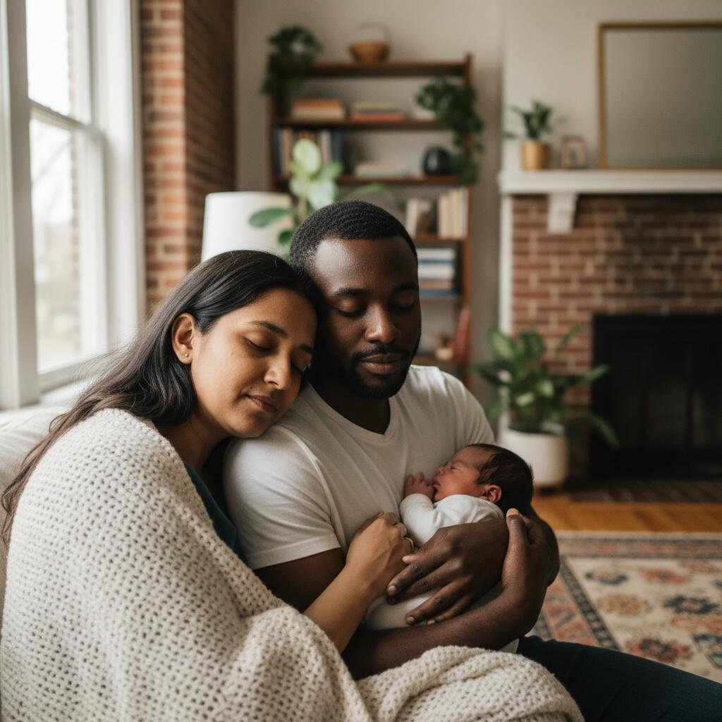Postpartum doula demonstrating newborn care technique with new mother in Chicago apartment